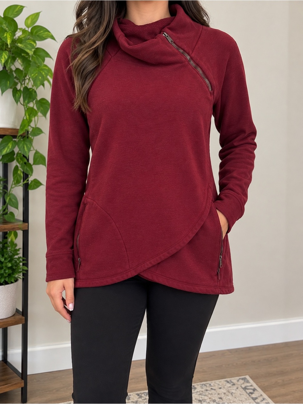 Athleta Asymmetrical Zip Cowl Neck Sweater - Burgundy
